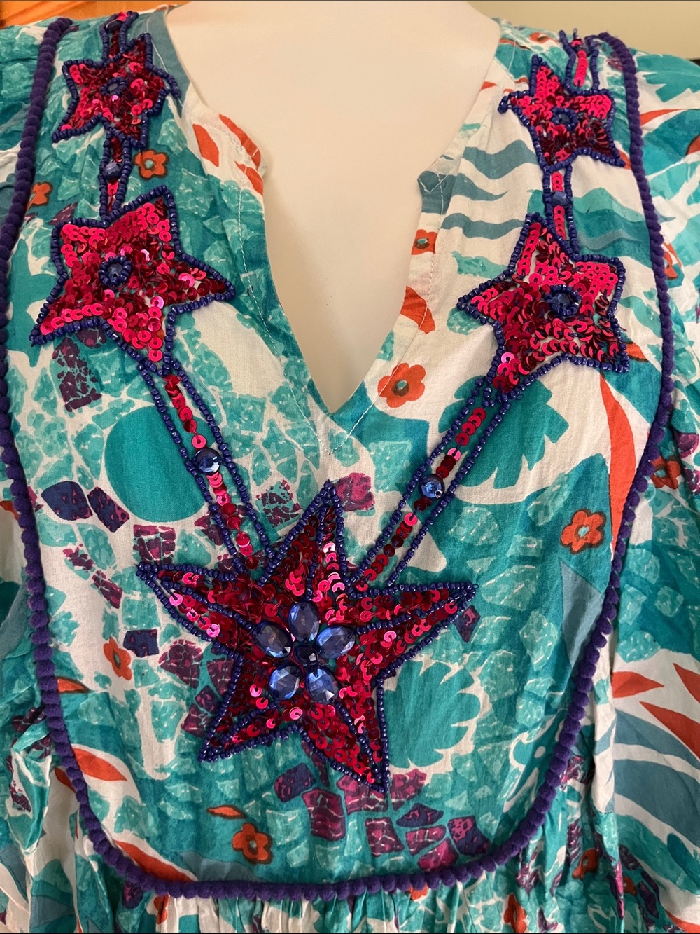 70’s Vintage Women's Teal Seaside Maxi Dress with Starfish Sequined Inset - Picture 3 of 8